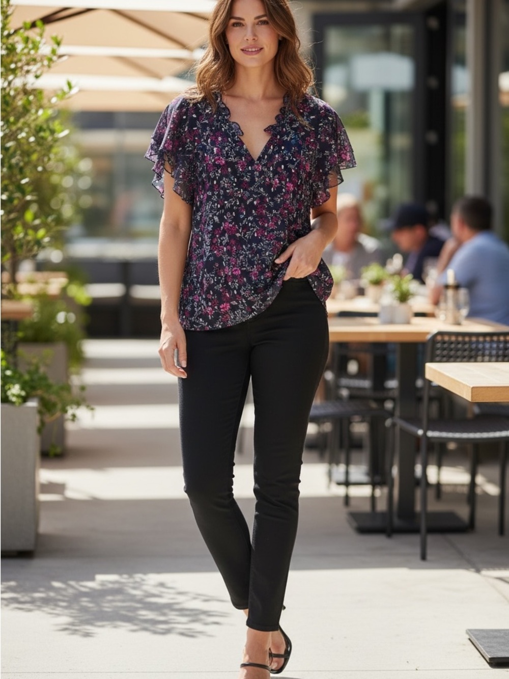 Lane Bryant Navy Floral V-Neck Ruffle Sleeve Blouse Pink Metallic Gold Accents